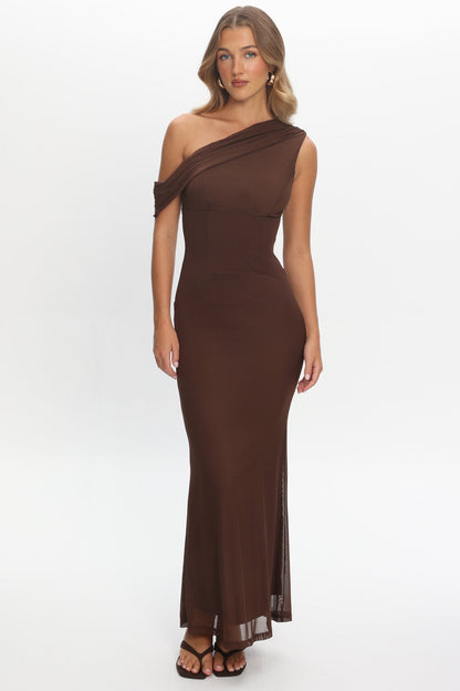 Milos Asymmetric Neckline Maxi Dress Chocolate
