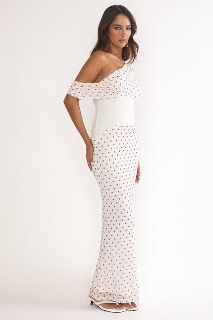 Milos Asymmetric Neckline Maxi Dress Polka Dot Red