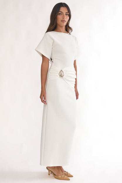 Briona Short Sleeve Buckle Maxi Dress White