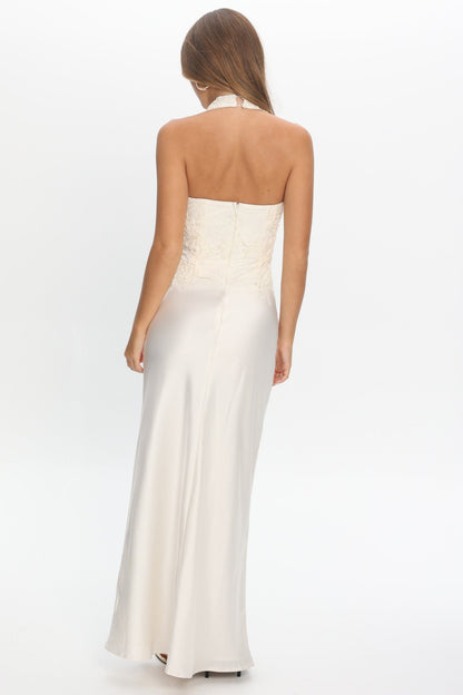 Rejina Asymmetric Neckline Embellished Maxi Dress Off White