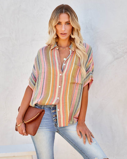 Camille Striped Woven Button Down Top - Yellow Multi