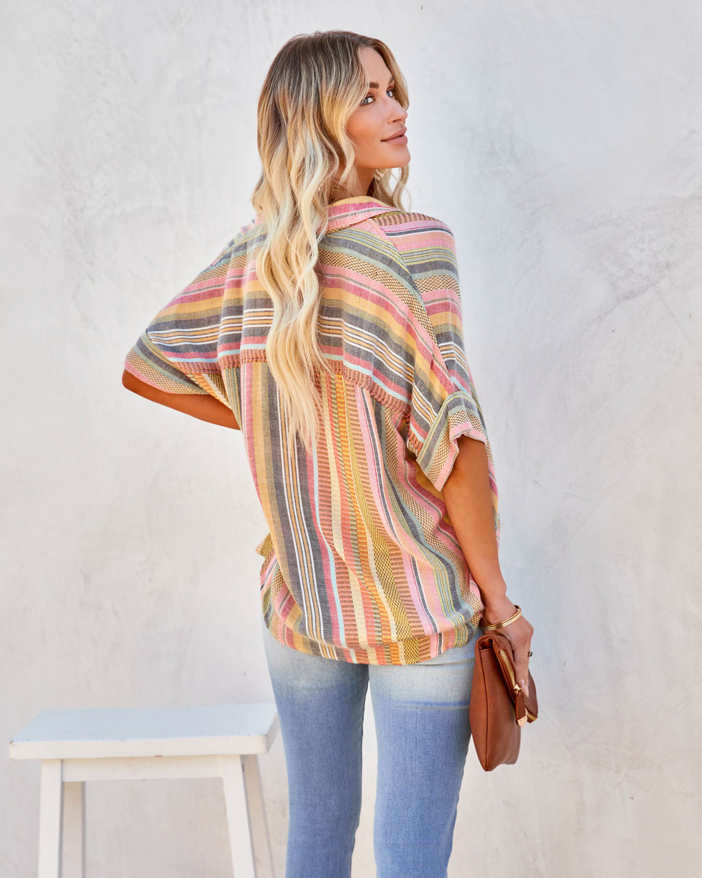 Camille Striped Woven Button Down Top - Yellow Multi