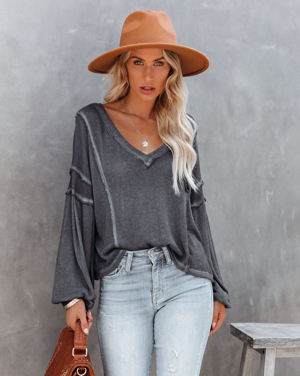 Capitol Reef V-Neck Knit Pocket Top - Charcoal