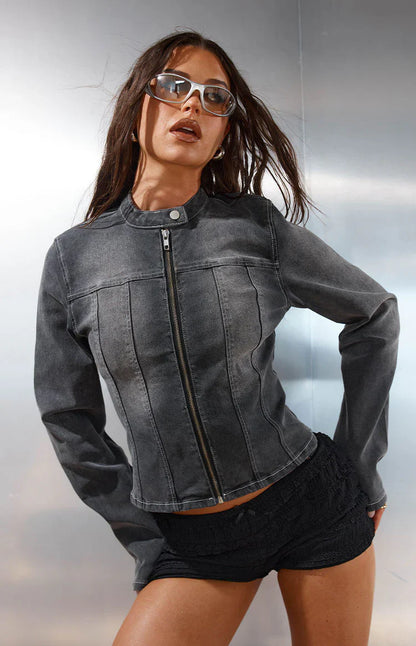 Corey Black Washed Denim Biker Jacket