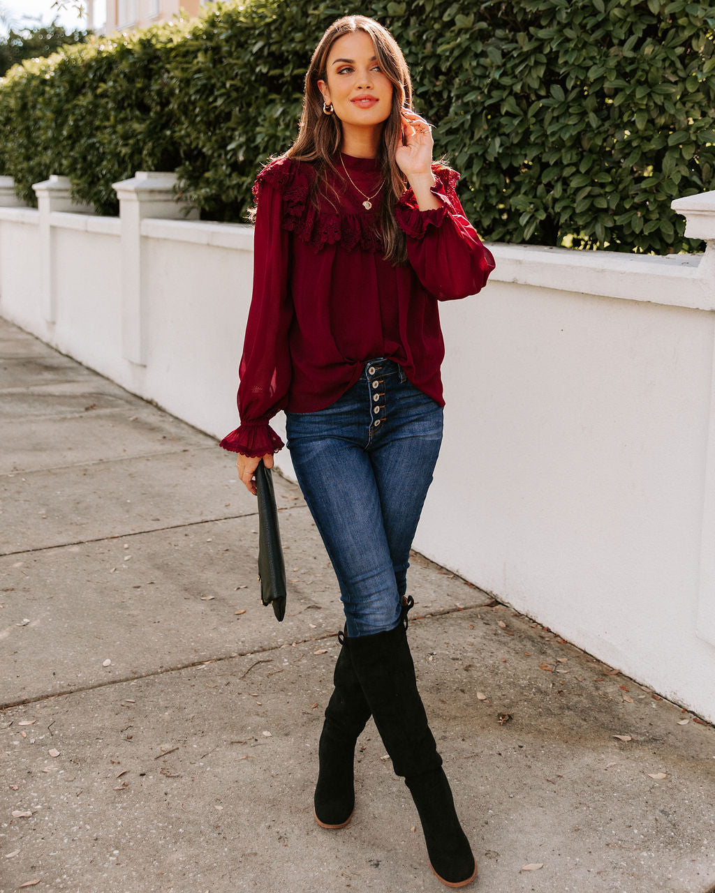 Eleanora Crochet Ruffle Blouse - Wine