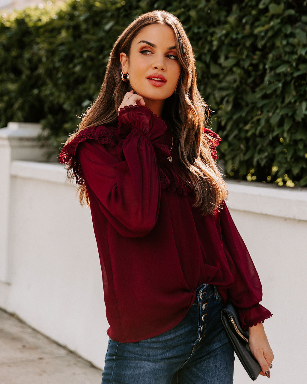 Eleanora Crochet Ruffle Blouse - Wine