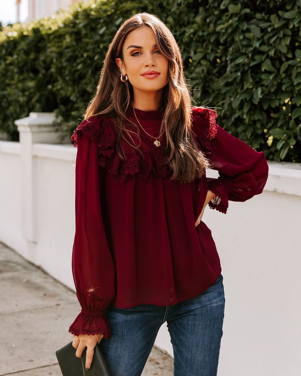 Eleanora Crochet Ruffle Blouse - Wine