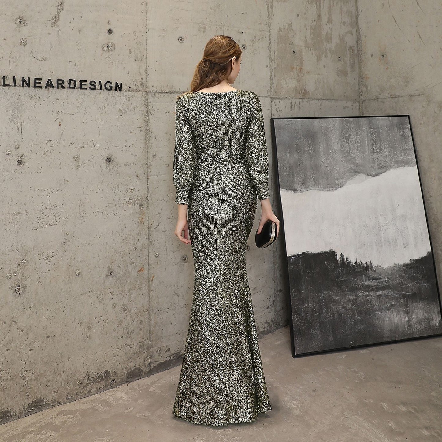 Ella long-sleeve sequined formal fishtail dress