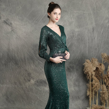 Ella long-sleeve sequined formal fishtail dress