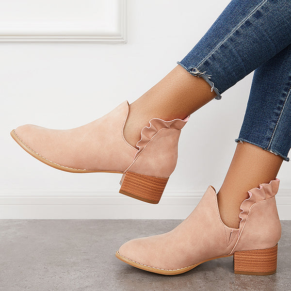 Cutout Slip on Ankle Boots Ruffle Chunky Heel Short Booties
