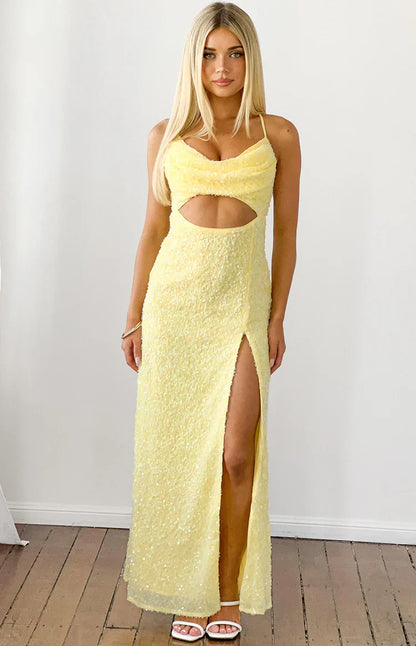 Fallon Yellow Sequin Cut Out Formal Maxi Dress