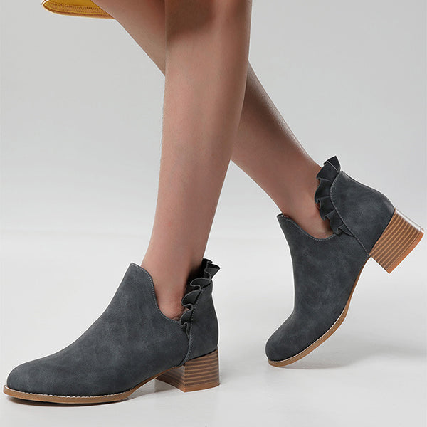 Cutout Slip on Ankle Boots Ruffle Chunky Heel Short Booties