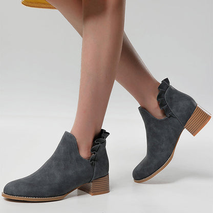 Cutout Slip on Ankle Boots Ruffle Chunky Heel Short Booties
