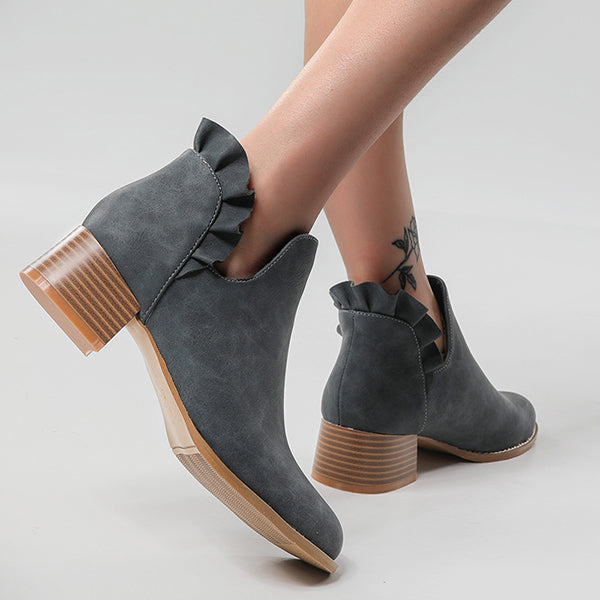 Cutout Slip on Ankle Boots Ruffle Chunky Heel Short Booties