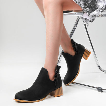 Cutout Slip on Ankle Boots Ruffle Chunky Heel Short Booties