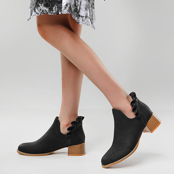 Cutout Slip on Ankle Boots Ruffle Chunky Heel Short Booties