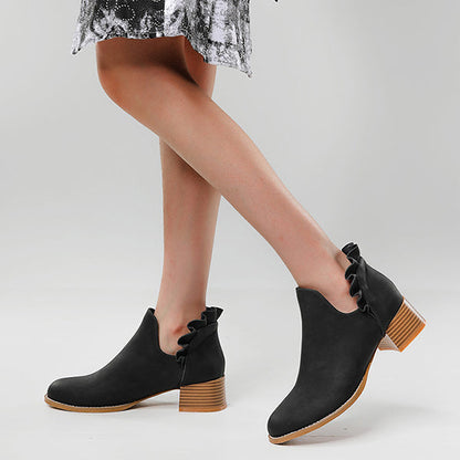 Cutout Slip on Ankle Boots Ruffle Chunky Heel Short Booties
