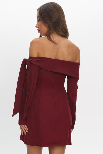 Aurora Sky Off-Shoulder Tie Mini Dress Wine