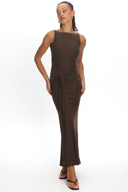 Luli Boat Neck Sash Maxi Dress Chocolate