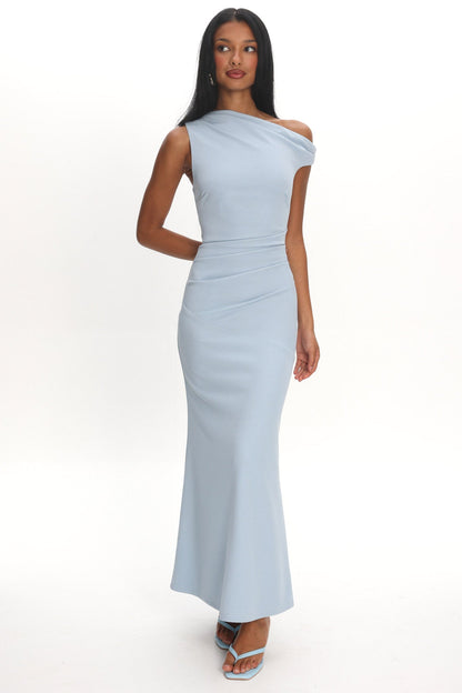 Lylah Asymmetric Neckline Mesh Maxi Dress Light Blue