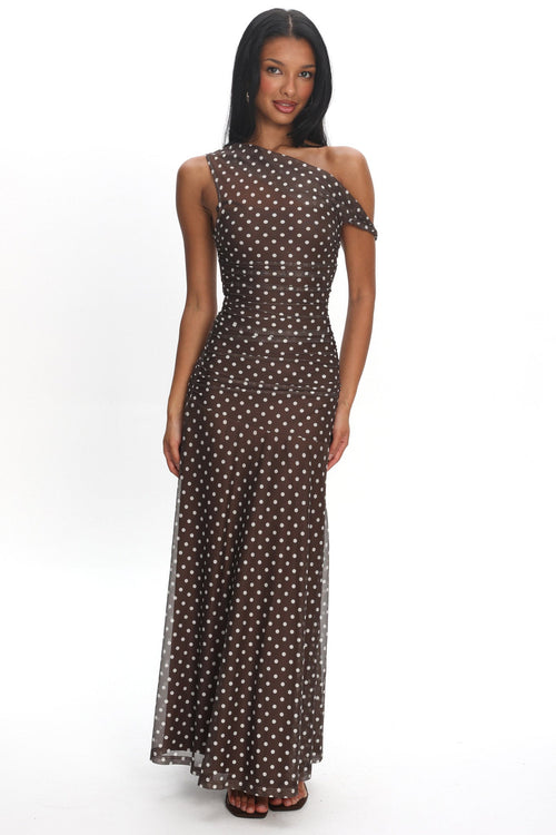 Lylah Asymmetric Neckline Mesh Maxi Dress Polka Dot Chocolate