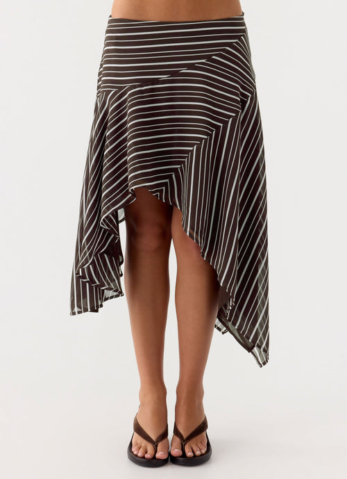 Kia Low Rise Asymmetrical Midi Skirt - Chocolate Stripe