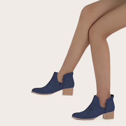 Cutout Slip on Ankle Boots Ruffle Chunky Heel Short Booties