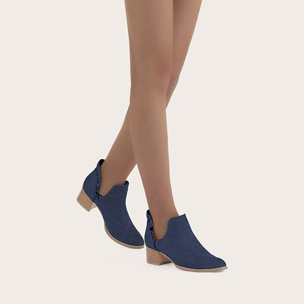 Cutout Slip on Ankle Boots Ruffle Chunky Heel Short Booties