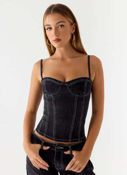 Nathan Denim Corset Top - Washed Black