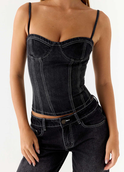 Nathan Denim Corset Top - Washed Black