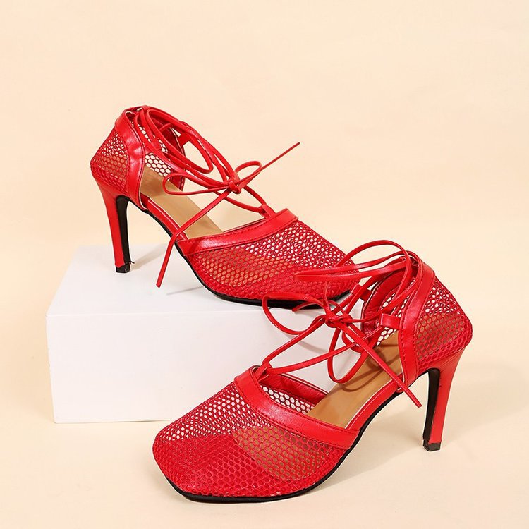 Fishnet Squared Toe Lace Up Heels