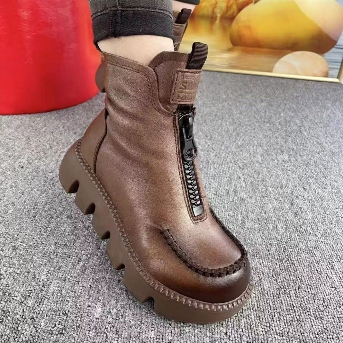 Comfortable Pu Leather Ankle Boots Low Heel Zipper Boots