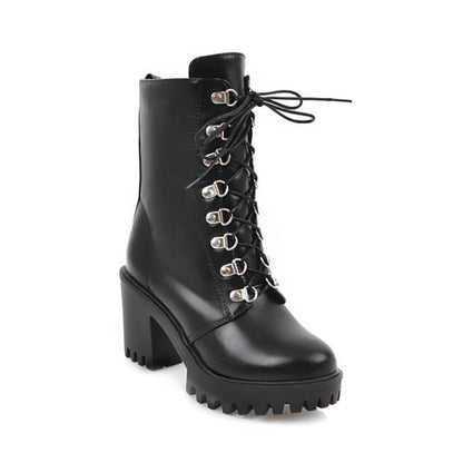Black Chunky Platform Combat Booties Block Heel Ankle Boots