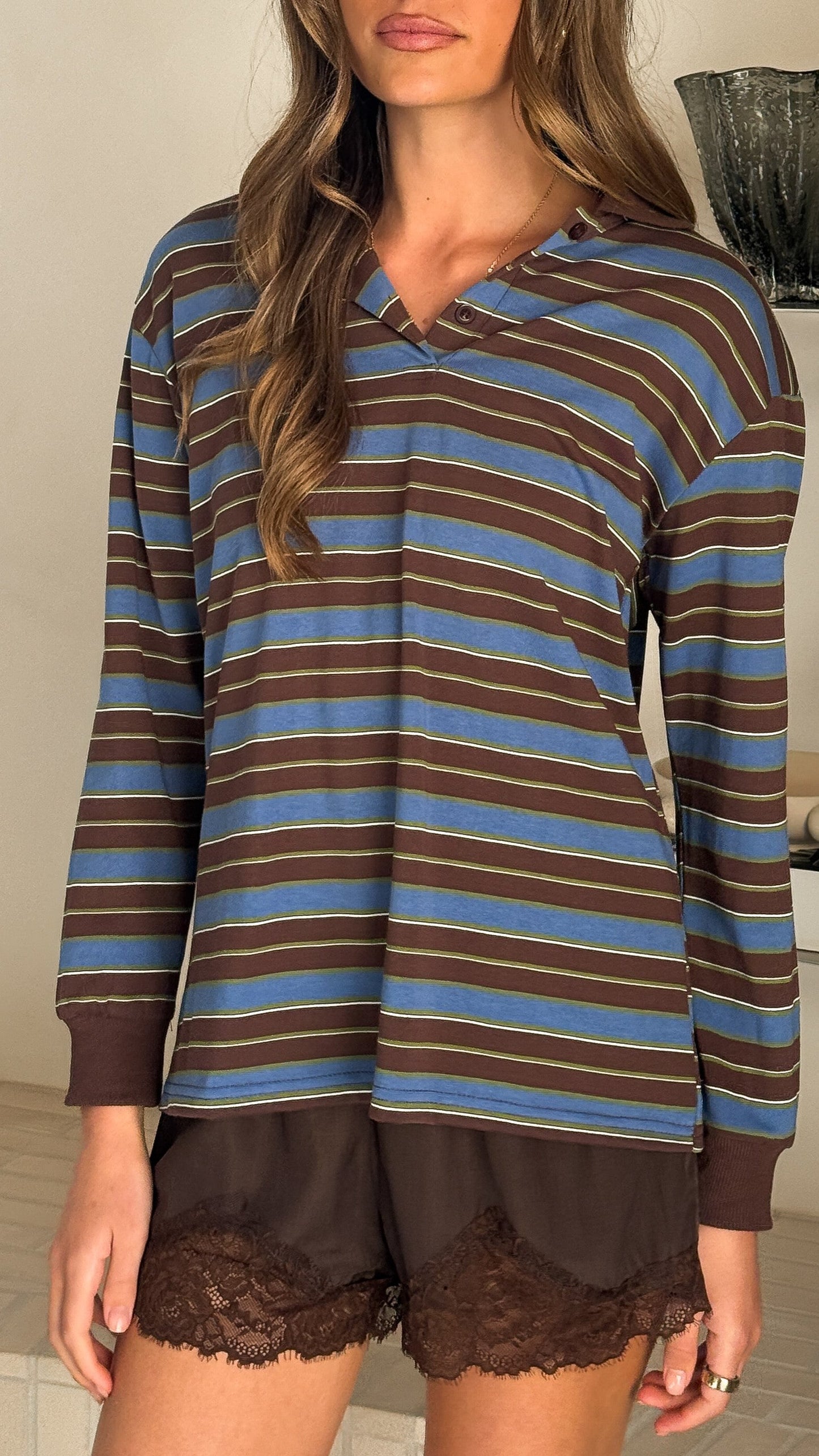 Jayana Collared Jersey Top - Blue/Green/Choc Stripe