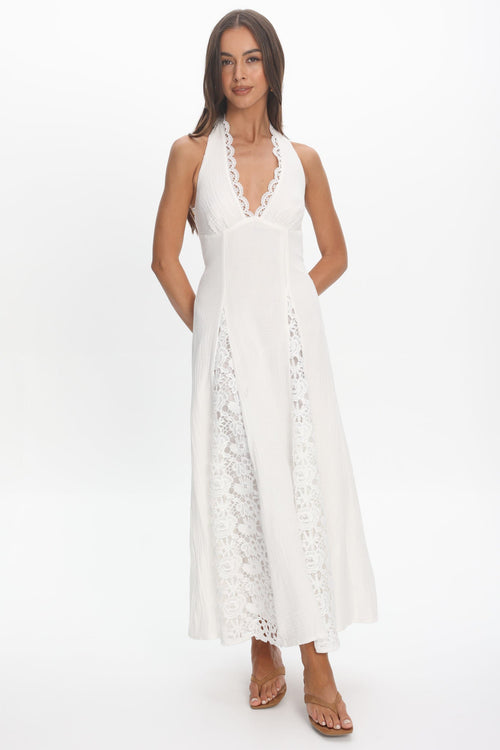 Claudette Halterneck Lace Trim Maxi Dress White