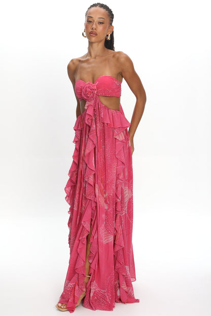 Santiago Cut-Out Ruffle Maxi Dress Print Pink