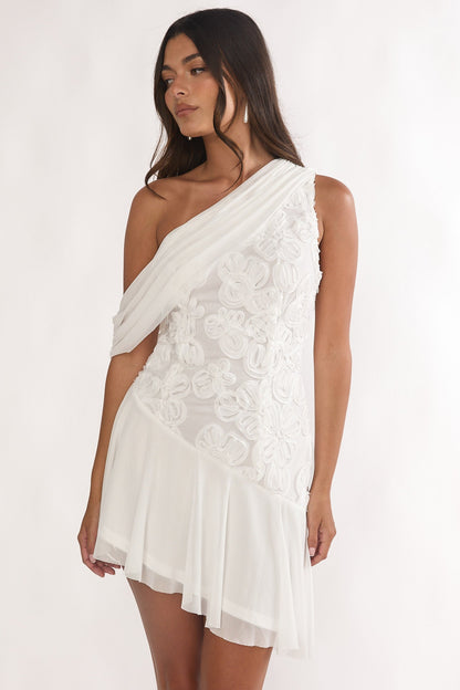 Anaisa One-Shoulder Draped Mini Dress Embellished Off White