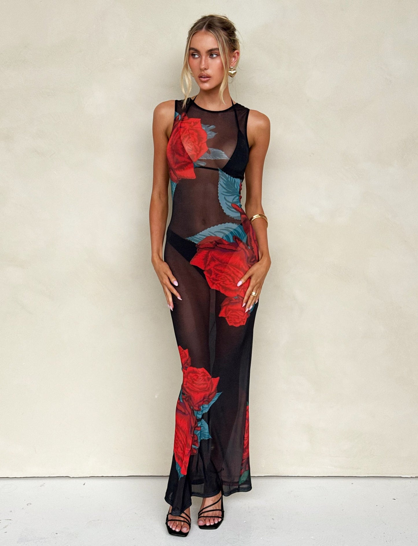 JOZIE THREE PIECE DRESS - BLACK : MACRO ROSE - RED ROSE