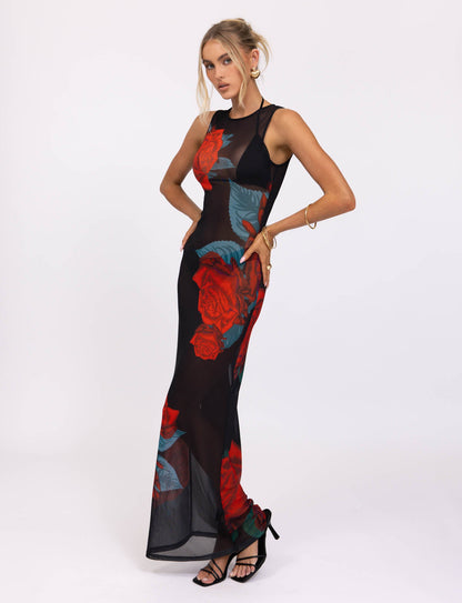JOZIE THREE PIECE DRESS - BLACK : MACRO ROSE - RED ROSE