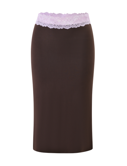 PARISA LACE TRIM MIDI SKIRT - BROWN AND LILAC