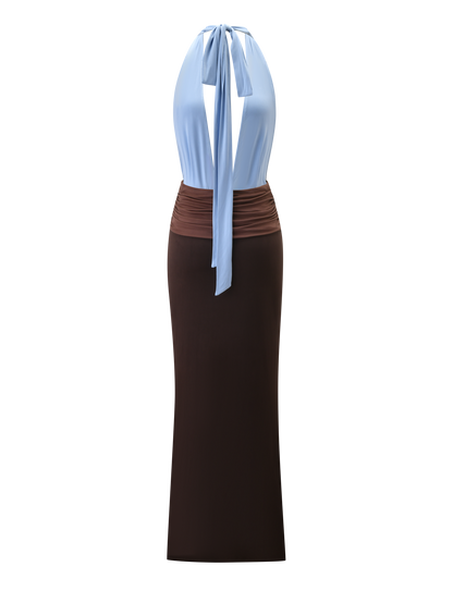 JENNI PLUNGE MAXI DRESS -  BLUE AND BROWN