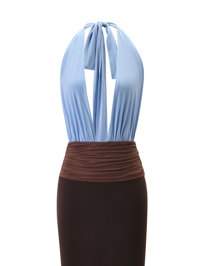 JENNI PLUNGE MAXI DRESS -  BLUE AND BROWN