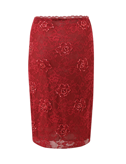 KIRRA BEADED SEQUIN LACE MIDI SKIRT - RED