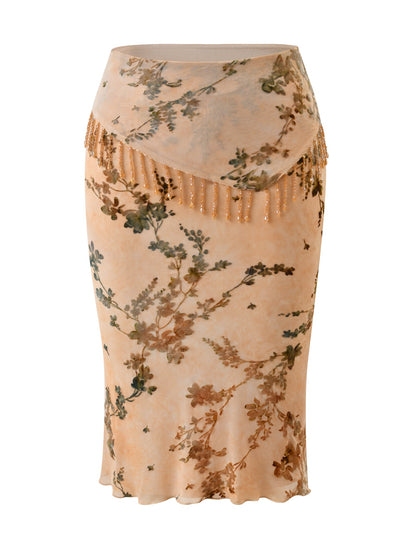 OONA BURN OUT FRINGE SKIRT - TAN