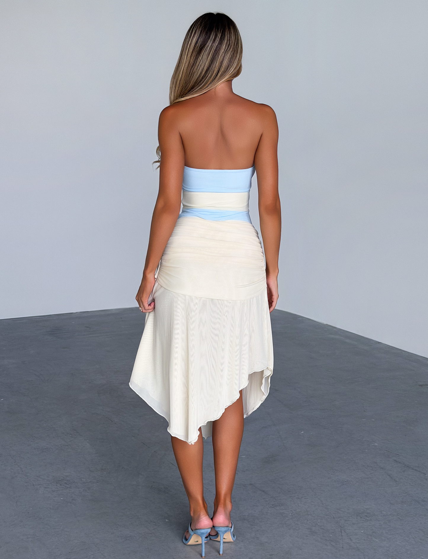 TWYLA MIDI DRESS - CREAM AND BLUE
