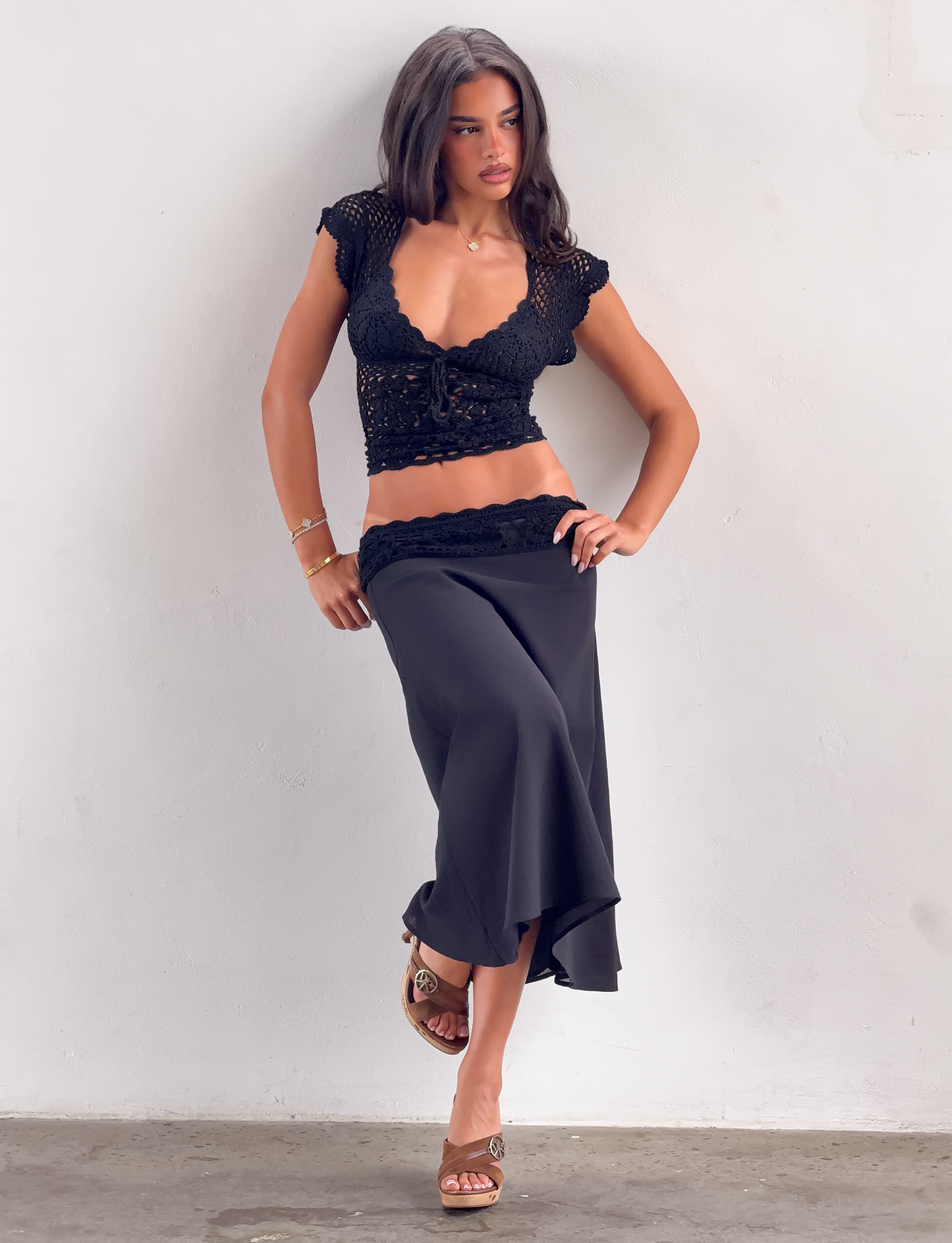 SASHA CROCHET MIDI SKIRT - BLACK