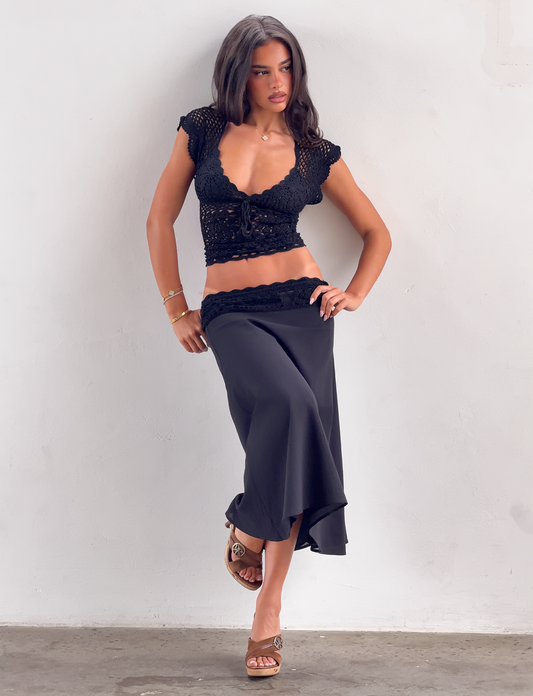 SASHA CROCHET MIDI SKIRT - BLACK