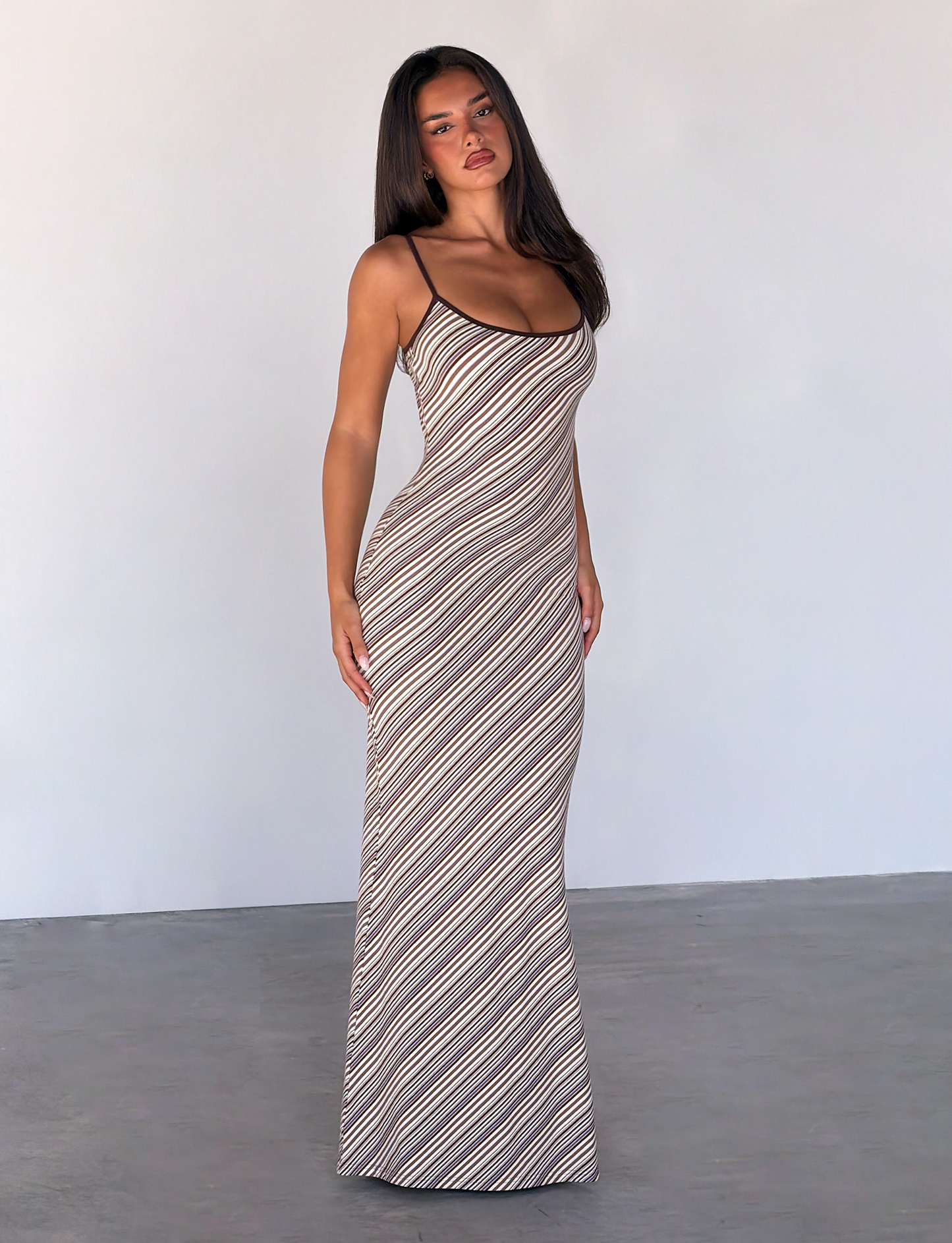 SLOANE MAXI DRESS - TAN AND CHOC STRIPE