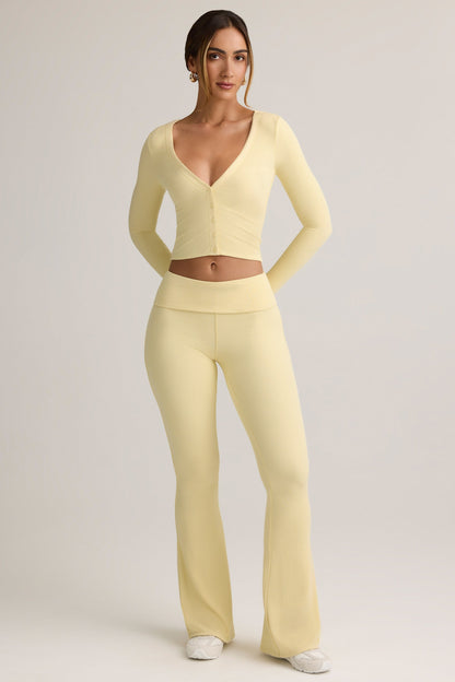 Modal Ribbed Foldover Flared Trousers in Buttercream Yellow