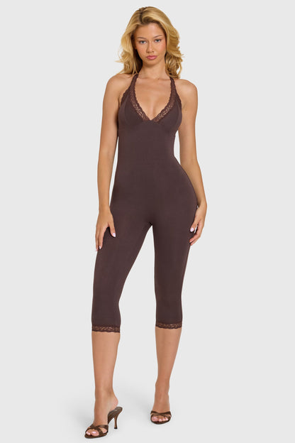 Modal Lace-Trim Capri Jumpsuit in Chocolate